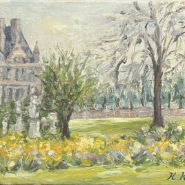 パリを散歩(油絵0号、原画、春、キャンバス、フランス)