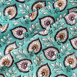 インド ブロックプリント生地 [50cm単位切売] サンガネリ ファンフラワー on ターコイズ 花 IF0467