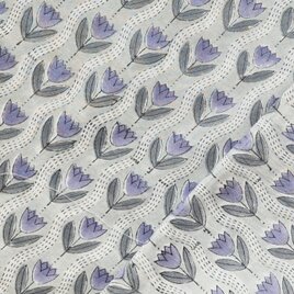 インド ブロックプリント生地 [50cm単位切り売り] サンガネリ パープル チューリップ on グレー IF0474