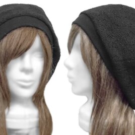 ゆったりルーズ・リブ付ベレー帽◆コットンネップレース／ブラック　◇小顔効果・オールシーズン着用◇