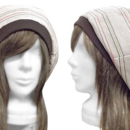 ゆったりルーズ・リブ付ベレー帽◆ボーダー柄ジャガード織コットンリネンニット／ベージュ系　◇オールシーズン着用・小顔効果◇