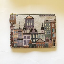 フランス生地　ヨーロッパの街並みラメ入りポーチ　通帳入れ　コスメ入れ　薬入れなど