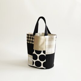 一点物｜モノトーン×ドットチェック パッチワーク バケツ型バッグ｜手提げ・楕円底