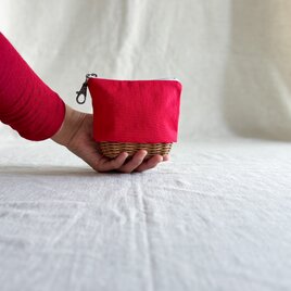 ラタンで作ったミニ収納ポーチ【帆布／イチゴ】/自然素材/手編みのカゴ