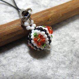 彩花珠～四ツ花ビーズ玉ストラップ（赤色×白色＆黒色）