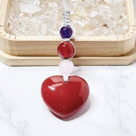 ✦1点限定！穏やかな赤いハートが彩る、心をほどく天然石ストラップ｜赤瑪瑙・アメジスト・ローズクォーツ No.856