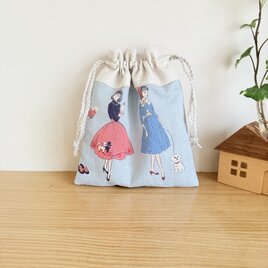 レトロ柄の巾着袋