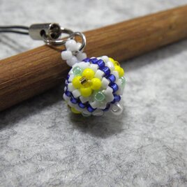 彩花珠～四ツ花ビーズ玉ストラップ（黄色＆白色×青色）