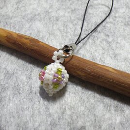 彩花珠～四ツ花ビーズ玉ストラップ（濃ピンク色＆紫色×白色）