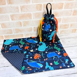 給食２点セット　【和柄・水族館★紺】