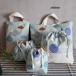 【入園・入学】入園バッグ５点セット：水色の切替セット【0025】