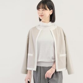 これだけで整う｜大人の上質ポンチ バイカラー カーディガンジャケット｜薄ベージュ｜洗える｜CORALIE-2JK-BE