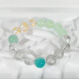 シーブルーカルセドニー、ブレナイト、水晶のブレスレット（内周：15.5cm、天然石、薔薇のつぼみ、4月の誕生石）