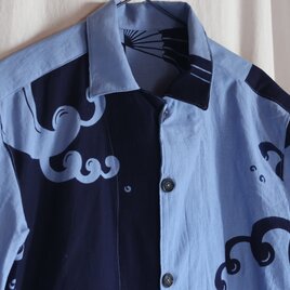 浴衣リメイク　波柄片身替わり風　アロハシャツ