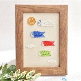 『こいのぼり•3人家族』・はがきサイズの額飾り（真鯉青バージョン）