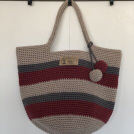 ニットボールが可愛い❣️コットン100%ボーダーシンプルBag①