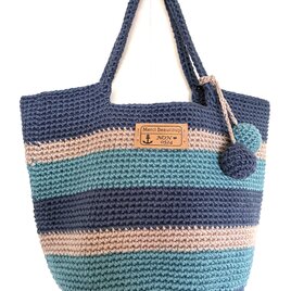 ニットボールが可愛い❣️コットン100%ボーダーシンプルBag