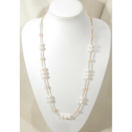 10mm本真珠（淡水パール）とムーンストーン、ローズクォーツのロングネックレス（74.5cm、天然石、ホワイト、ピンク）