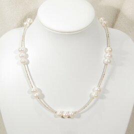 10mm本真珠（淡水パール）とムーンストーン、SV925のネックレス（51cm、天然石、6月の誕生石、ホワイト、ピンク）