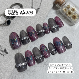 【現品 No.200】ボルドーラメ×スモーキーグレー×バタフライ♡幻想的ダークネイル｜ミディアムオーバルS｜ジェルネイルチップ