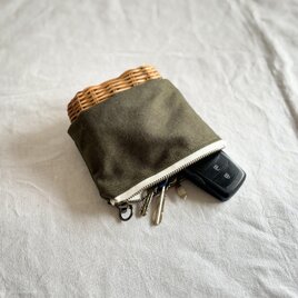 ラタン×帆布のキーケースポーチ【インナー/ブロックプリント】/自然素材/手編みのカゴ