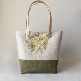 ミモザとカモミールの刺繍トート（きなりリネン）｜受注制作
