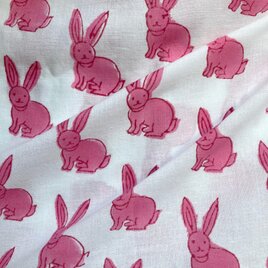 インド ブロックプリント生地 [50cm] サンガネリ ラビット コスモス ピンク うさぎ 兎 IF0484