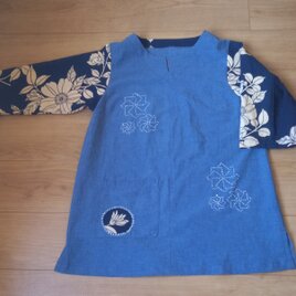 作務衣からのリメイク　少しだけ刺し子チュニック　　木綿