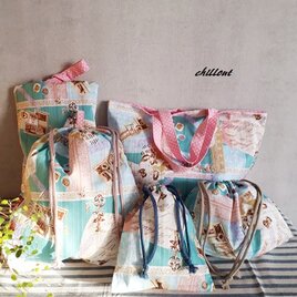 【入園・入学】入園バッグ５点セット：水色×ピンクドット【0028】