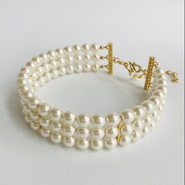 樹脂パール3連チョーカーネックレス/8mm約30cm+5cm/クリーム/G/made in japan