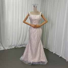 カラードレス シャンパン色 スクエアネック シークインチュール マーメイドライン 編み上げ 披露宴