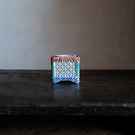 透かし彫りで素敵◆時代物　花文色絵盃台　キャンドル入れ 骨董・antiques インテリア　江戸〜明治