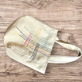 リネン　チェックさしこ　ラウンドトートバッグ