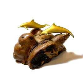 1970s John Perry Vintage 2 Dolphins on Burl Wood Sculpture