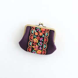 リネンとインド刺繍リボンのシンプルながま口　パープル