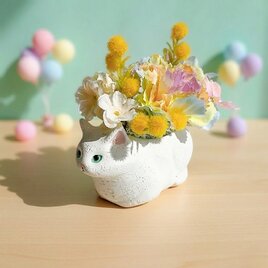 手のひらサイズの猫のフラワーアレンジ　ミモザ&レインボーカーネーション