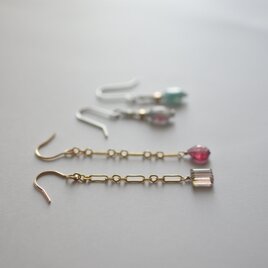 トルマリン　ふたつのピンク　チェーンピアス（14Kgf）orイヤリング　