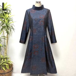 着物リメイク　大島紬花柄ロングワンピース　Aライン　フィットアンドフレア　細見せ　体型カバー　プリンセスライン　2WAY シルク