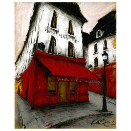 風景画　パリ　油絵　「モンマルトルの赤いカフェ」