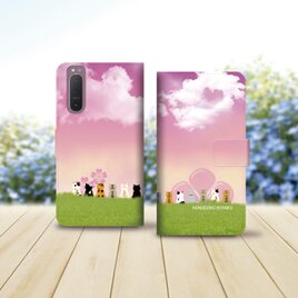 Android シンプル手帳型スマホケース（カメラ穴あり/はめ込みタイプ）【ほのぼのにゃんこ・せいぞろい（恋空花）】