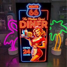 【オーダー無料】ルート66 ダイナー ピンナップガール カフェ レトロ 店舗 自宅 照明 看板 置物 雑貨 ライトBOX