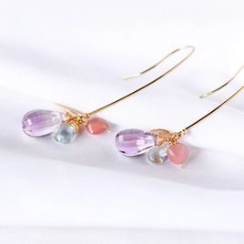 大粒アメトリンの雫ロングピアス アクアマリンとハートクォーツ / 14kgf