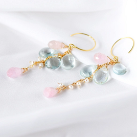 アクアマリンとモルガナイトのシャンデリアピアス – 天然石 / 14kgf