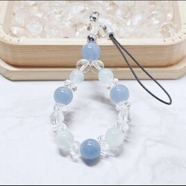 ✦途切れそうなご縁を結び直す◎天然石ストラップ｜エンジェライト・アクアマリン・水晶 No.860S