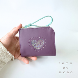 エコレザー × 刺繍革財布『HEART』PLUM／パープル（牛革）二つ折り