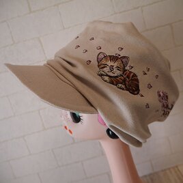 コットン素材スパンフライスニット生地で作ったニットキャップ（桜と猫ちゃん）