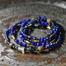 ローマングラス、ブルービーズ、ボヘミアビーズ、つぶつぶブウラス、インドシルバー、ラピス＆アフリカンブラスのグラスコード