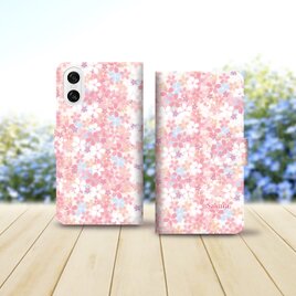 Android シンプル手帳型スマホケース（カメラ穴あり/はめ込みタイプ）【桜・花明かり】名入れ可