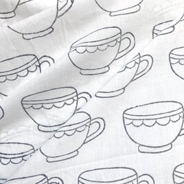 インド ブロックプリント生地 [50cm単位切売] サンガネリ ティーカップ モノクロ コーヒー キッチン IF0480