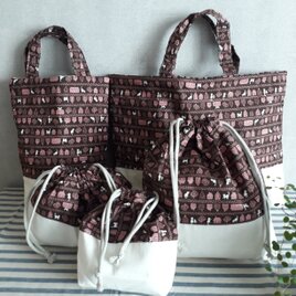 【入学・入園】入園バッグ５点セット：茶色の猫の切替セット【0014】